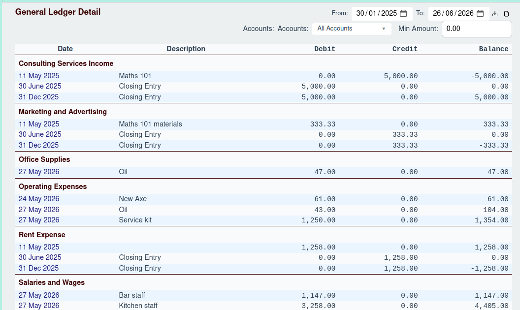 General Ledger Report Screenshot