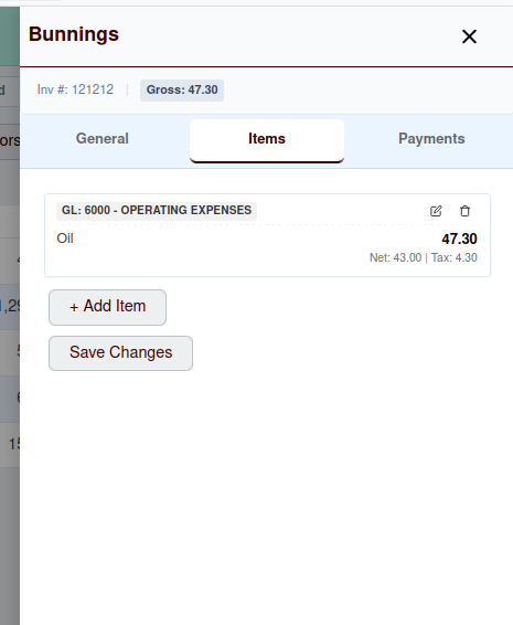 Manage Vendor Invoice - Items Tab Screenshot