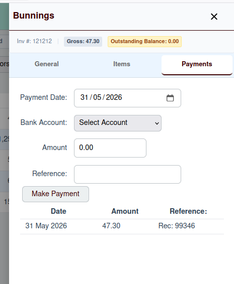 Manage Vendor Invoice - Payments Tab Screenshot