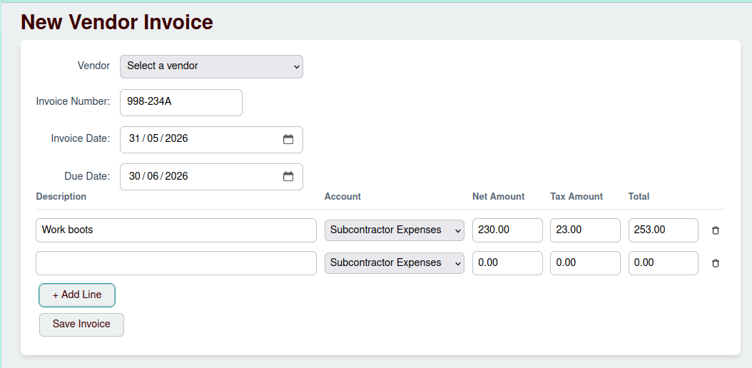 New Vendor Invoice Screenshot