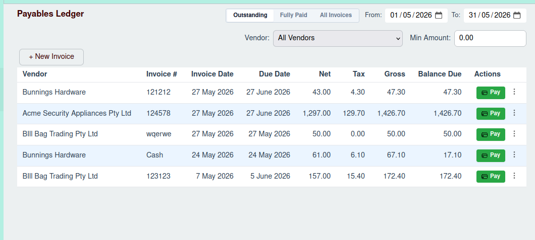Payables Ledger Screenshot