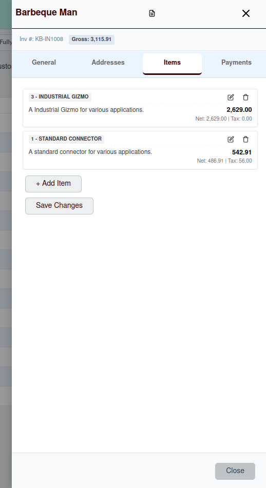 Manage Sales Invoice - Items Tab Screenshot
