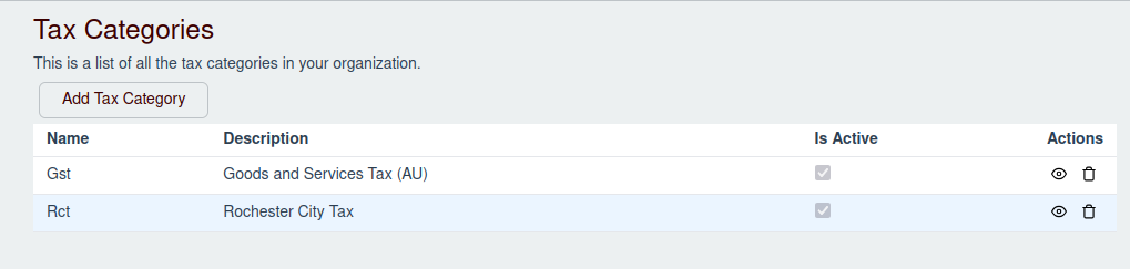 Tax Categories List Screenshot
