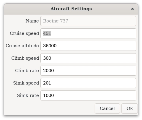 aircraft settings screenshot